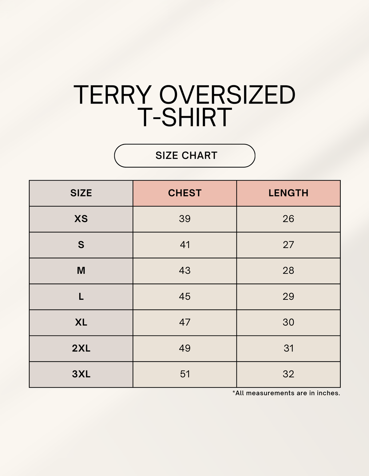 Terry Oversized T-Shirt size chart - Pretty Good Soulz