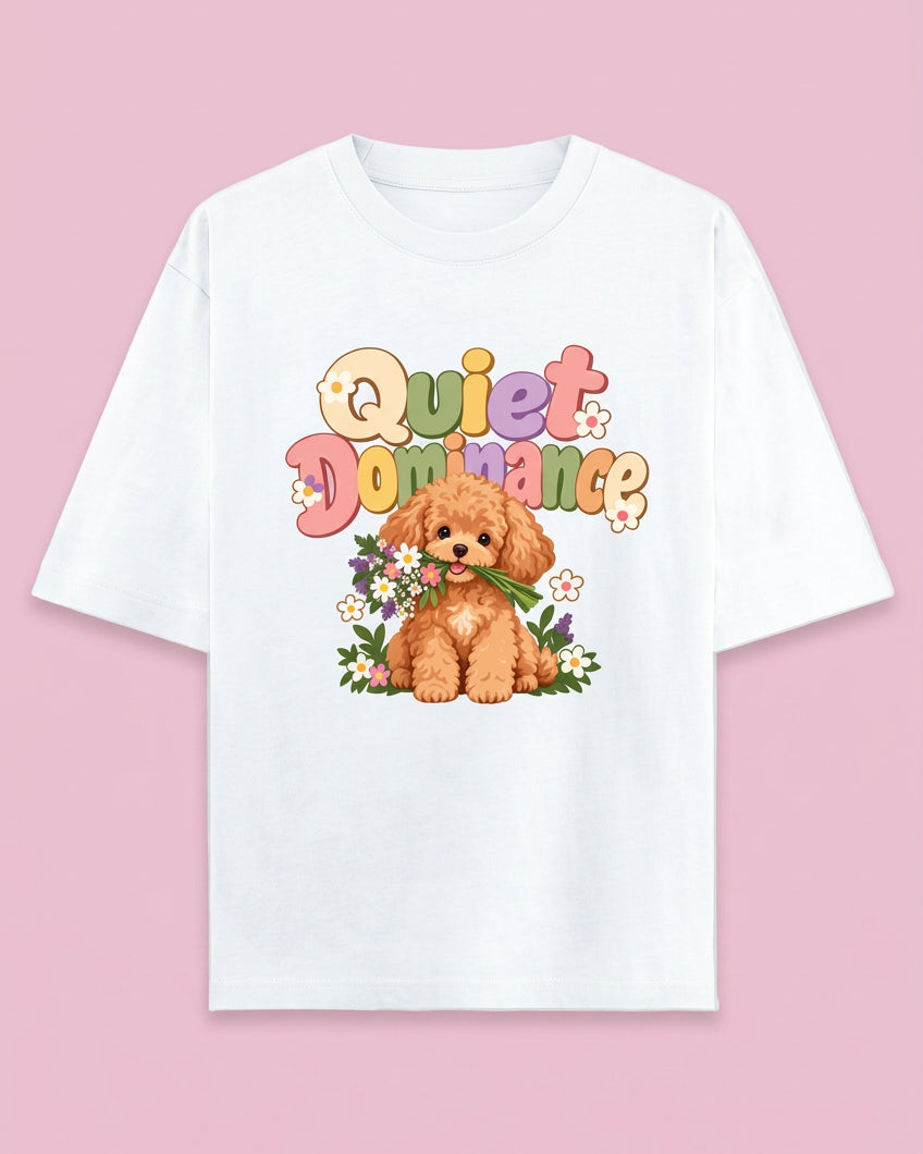 Poodle Flora Quite Dominance Unisex Oversized Cotton T-Shirt - white 
