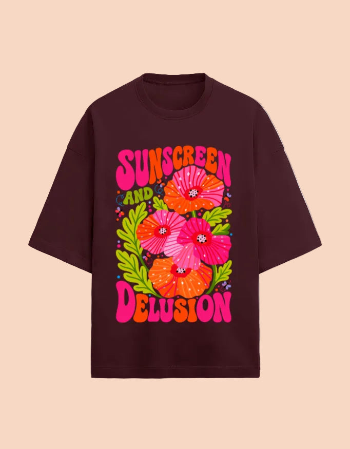 Sunscreen & Delusion oversized Terry T-shirt  Maroon front view