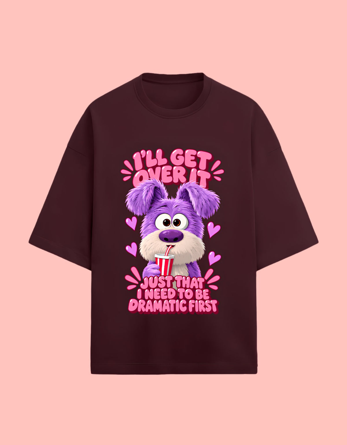 I'll get over it oversized Terry T-shirt Maroon front view