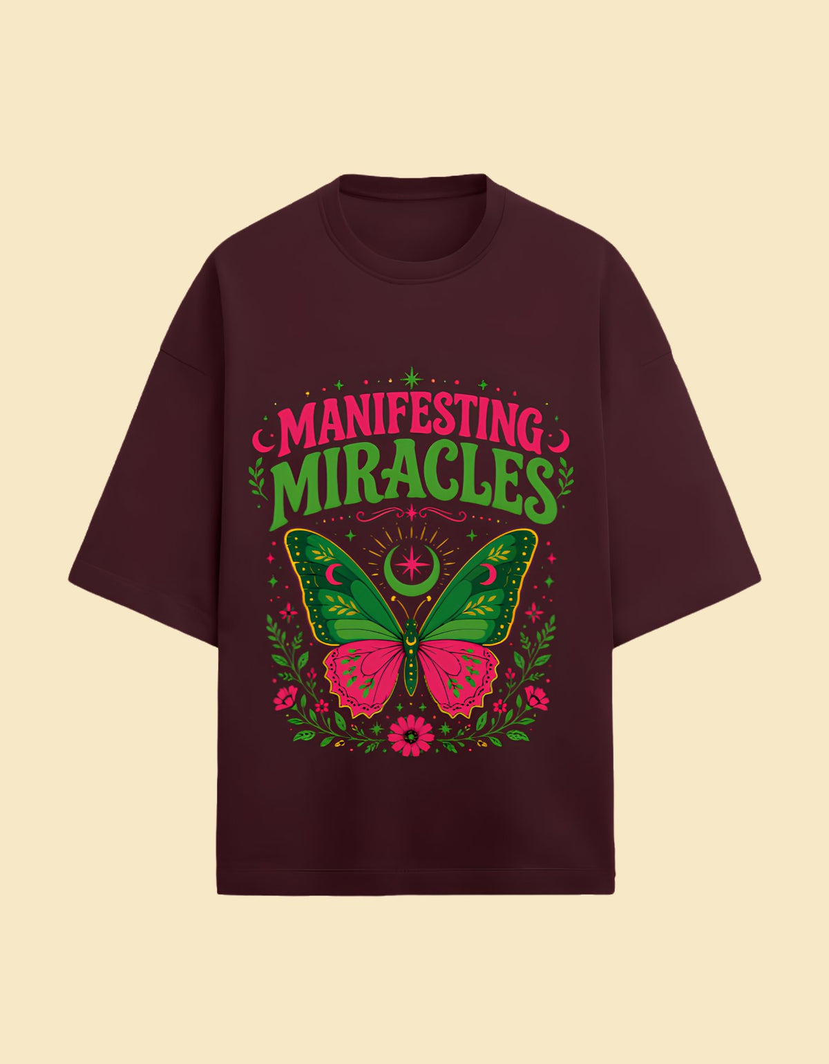Manifesting Miracles oversized Terry T-shirt Maroon front view