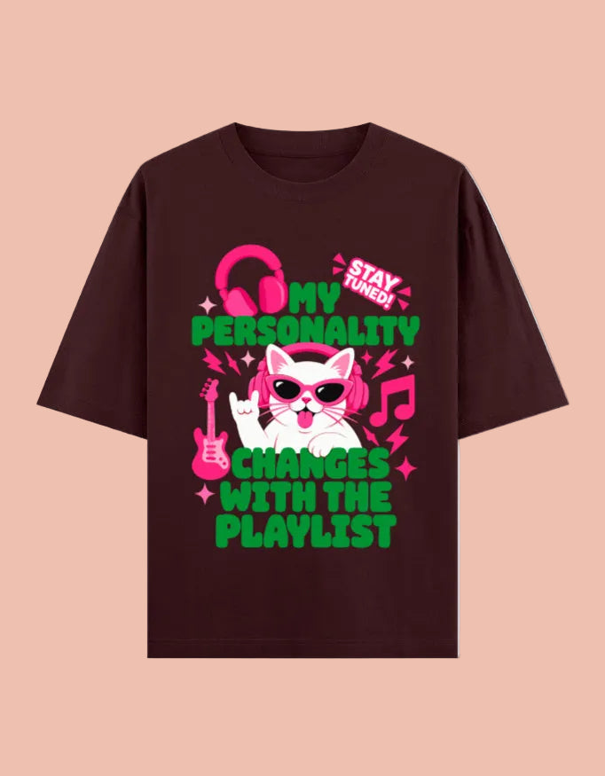 Personality changes with playlist oversized cotton T-shirt Maroon front view