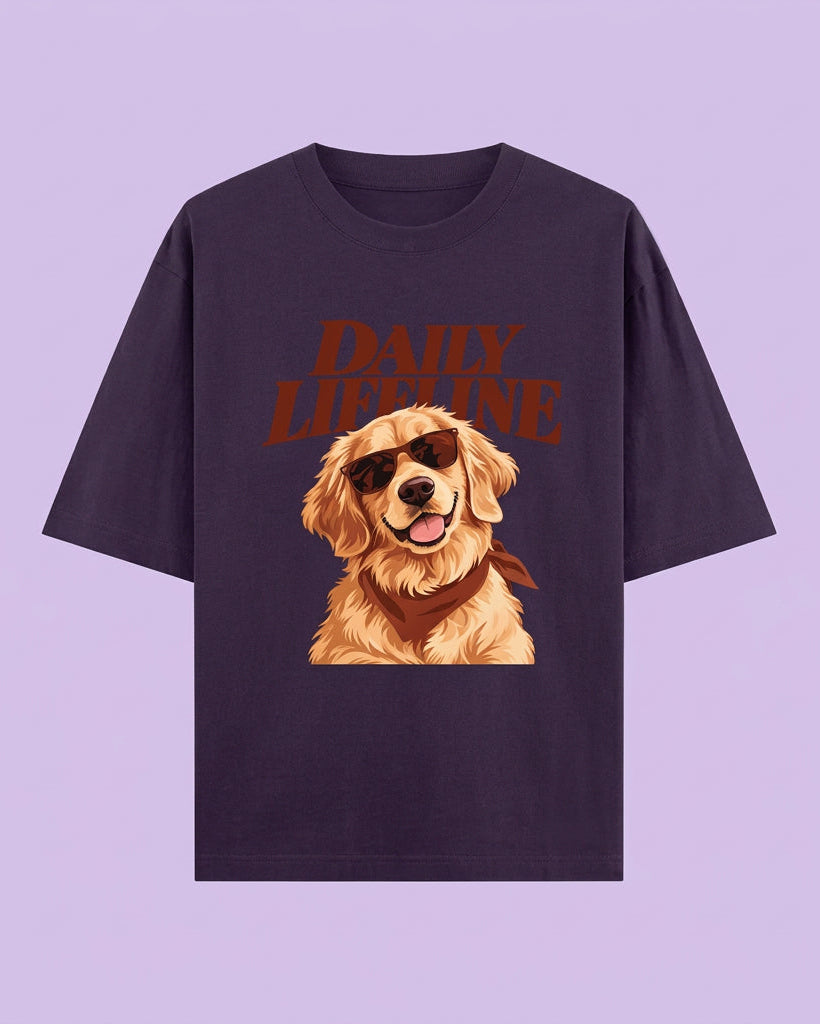 Daily Lifeline Golden Cool Retriever Unisex Oversized Cotton T-Shirt - purple