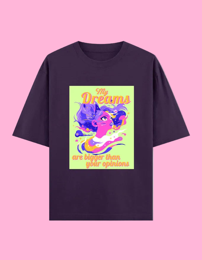 Dreams bigger than opinions oversized cotton T-shirt Purple front view