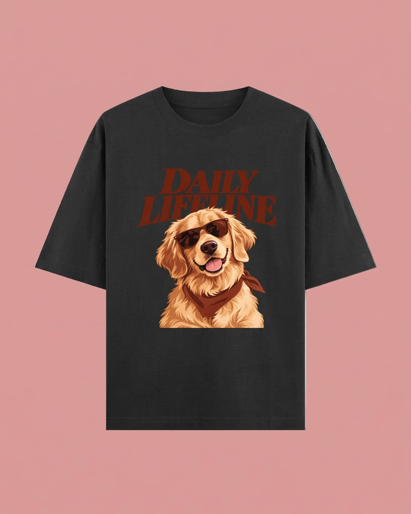 Daily Lifeline Golden Cool Retriever Unisex Oversized Cotton T-Shirt - black 