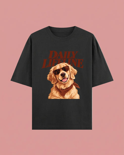 Daily Lifeline Golden Cool Retriever Unisex Oversized Cotton T-Shirt - black 