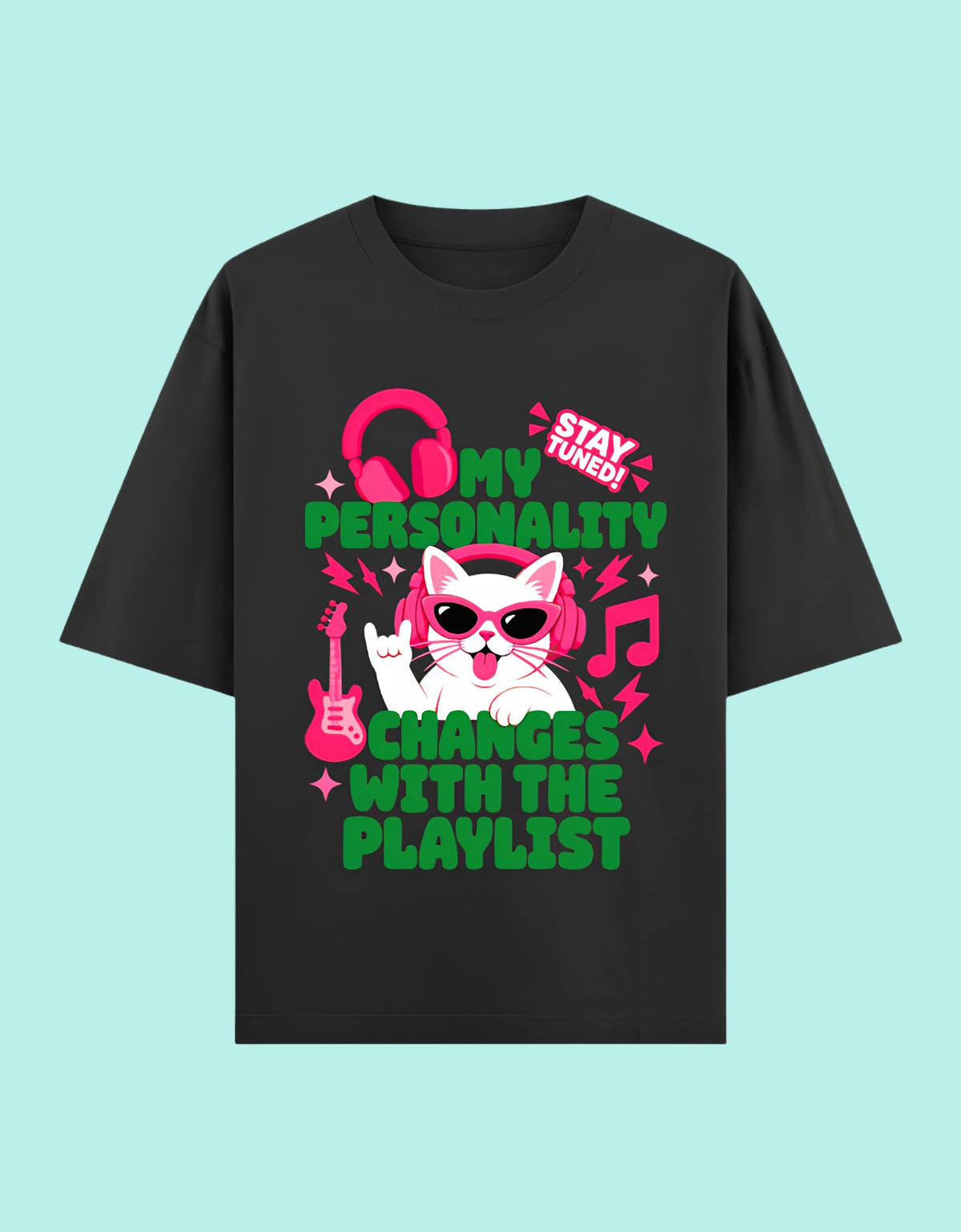 Personality changes with playlist oversized cotton T-shirt Black front view