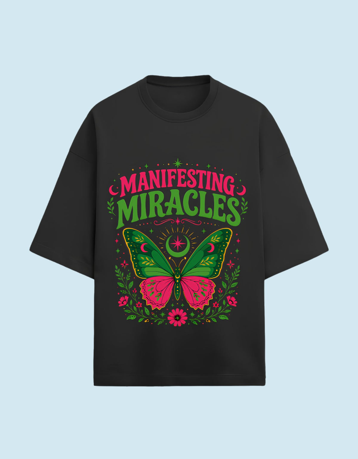 Manifesting Miracles oversized Terry T-shirt Black front view