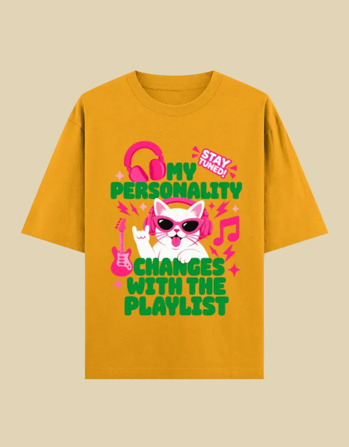 Personality changes with playlist oversized cotton T-shirt Golden Yellow front view