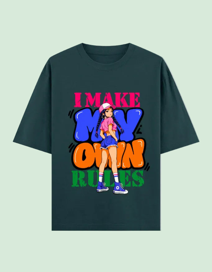 I Make My Own Rules oversized T-shirt Petrol Blue front view