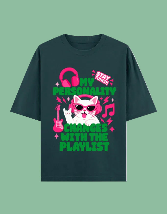Personality changes with playlist oversized cotton T-shirt Petrol Blue front view