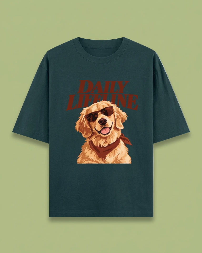 Daily Lifeline Golden Cool Retriever Unisex Oversized Cotton T-Shirt - petrol blue