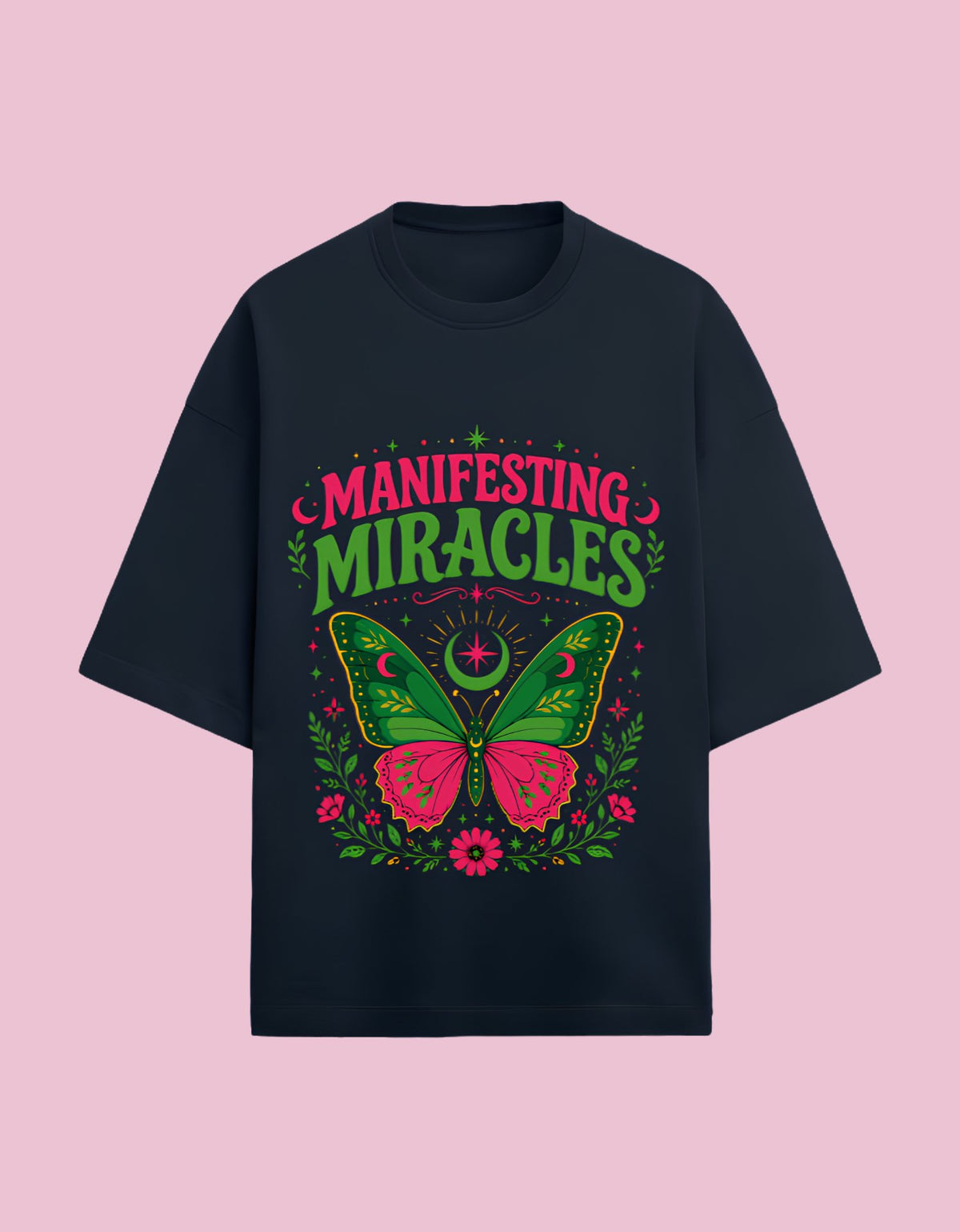 Manifesting Miracles oversized Terry T-shirt Navy Blue front view