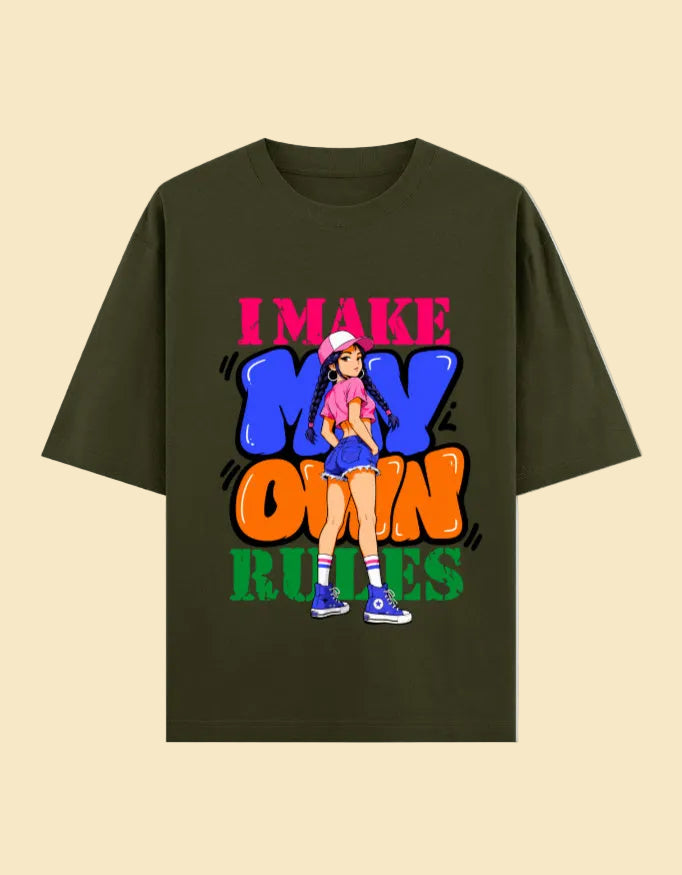 I Make My Own Rules oversized T-shirt Olive Green front view