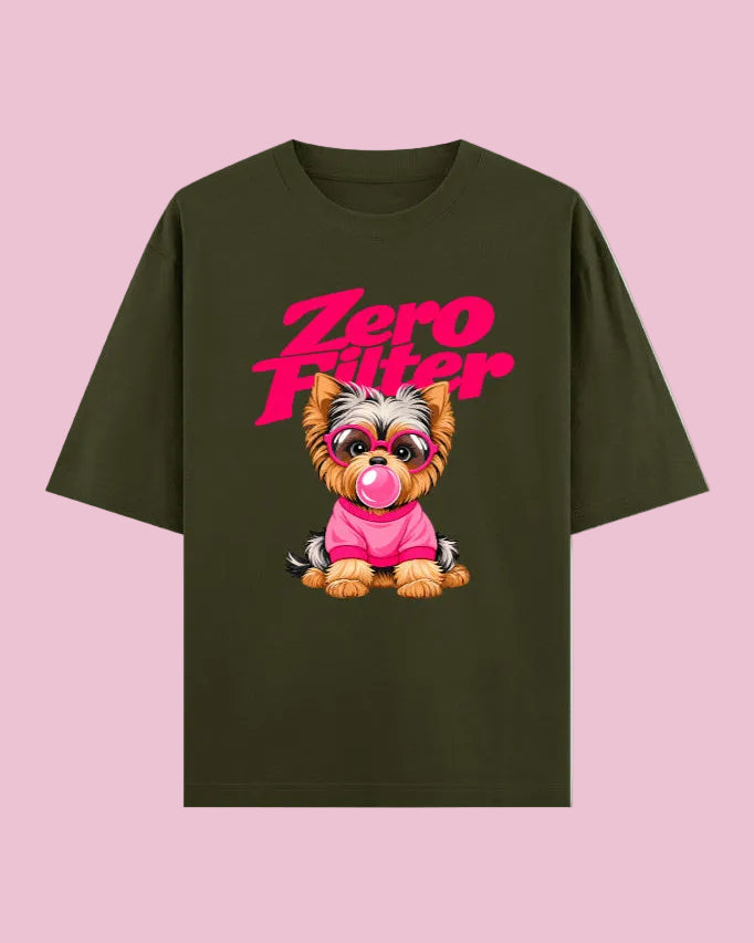 Zero Filter Pink Bubble Gum Unisex Oversized Cotton T-Shirt - Olive Green 