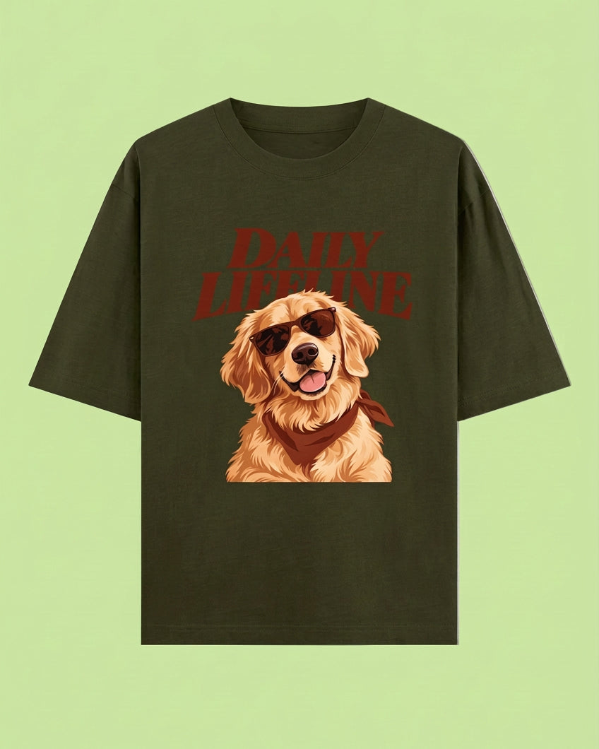 Daily Lifeline Golden Cool Retriever Unisex Oversized Cotton T-Shirt - olive green