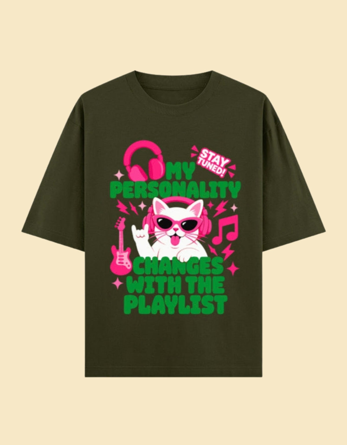 Personality changes with playlist oversized cotton T-shirt Olive Green front view