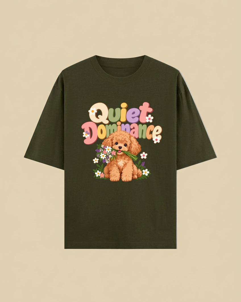 Poodle Flora Quite Dominance Unisex Oversized Cotton T-Shirt - Olive Green 