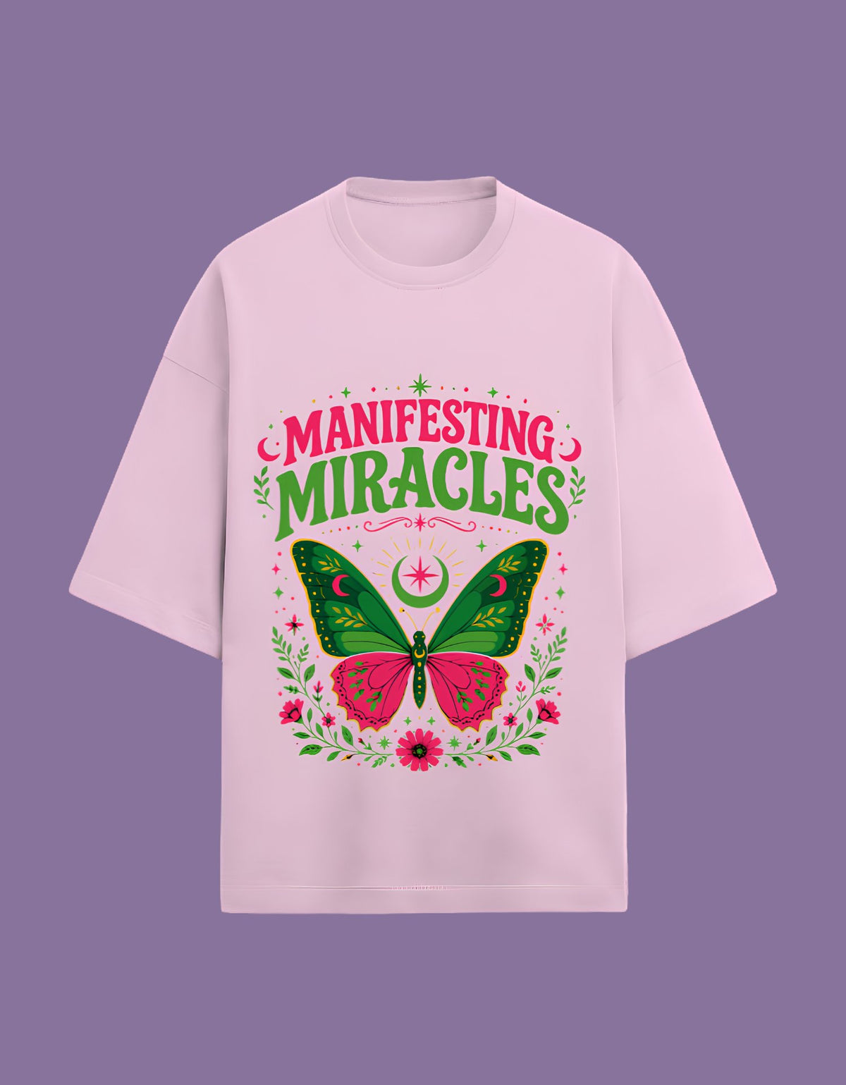 Manifesting Miracles oversized Terry T-shirt Light Baby pink front view