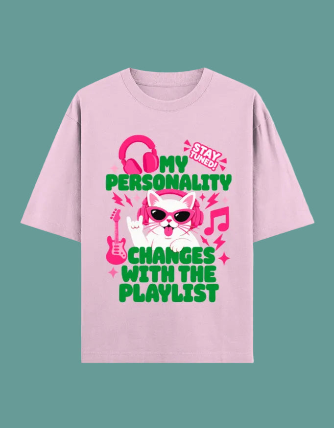 Personality changes with playlist oversized cotton T-shirt Light Baby pink front view