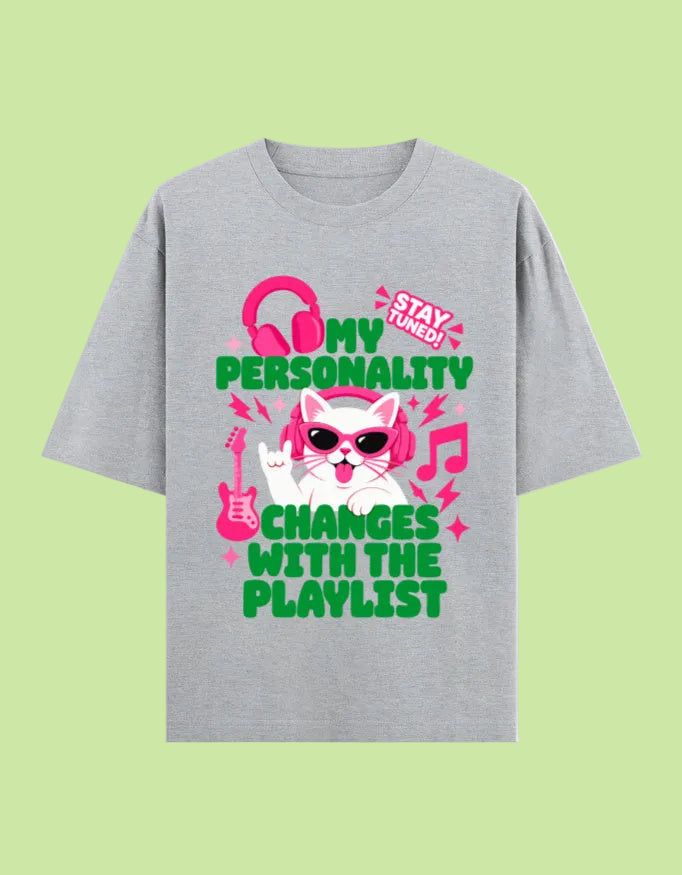 Personality changes with playlist oversized cotton T-shirt Grey Melange front view