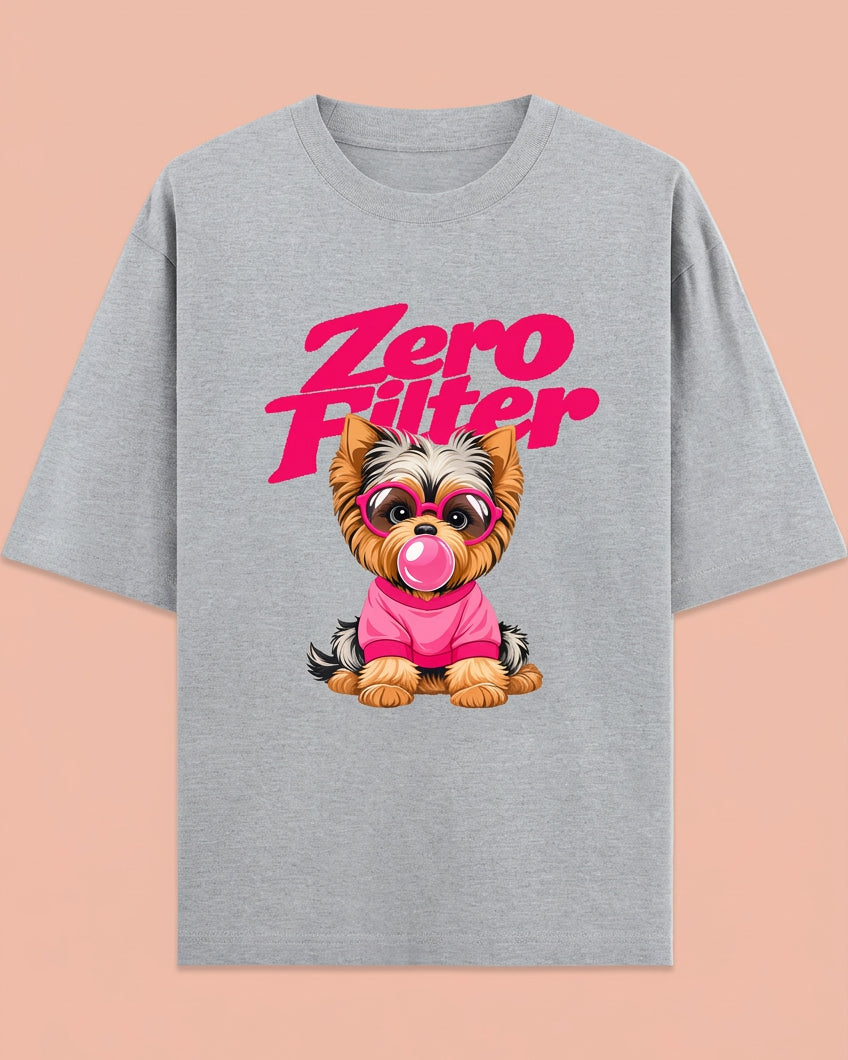 Zero Filter Pink Bubble Gum Unisex Oversized Cotton T-Shirt - Grey Melange