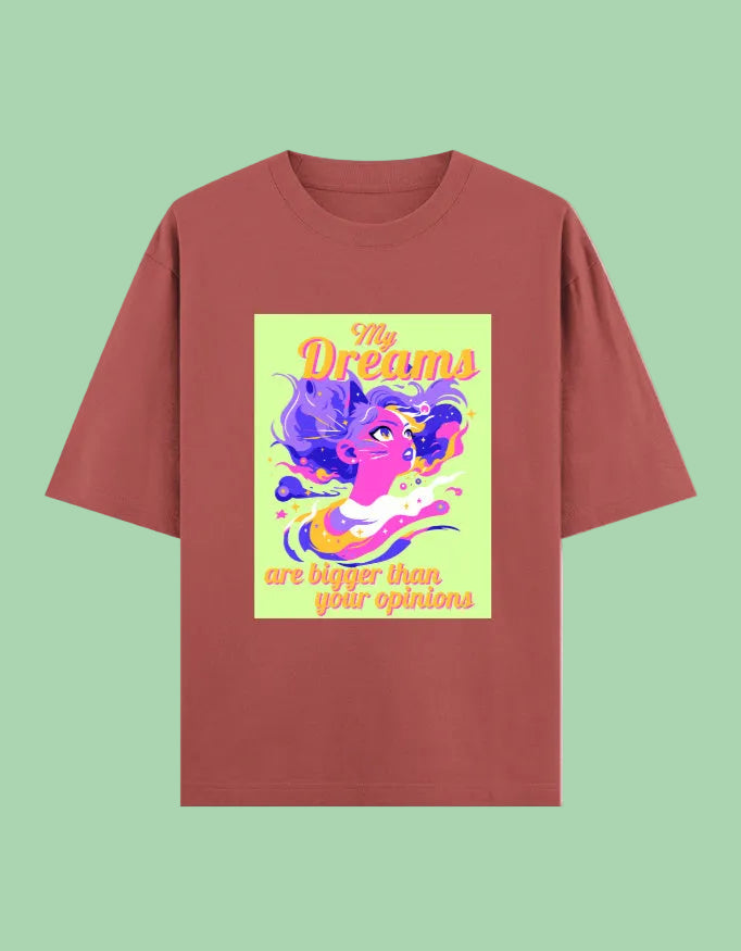 Dreams bigger than opinions oversized cotton T-shirt coral front view