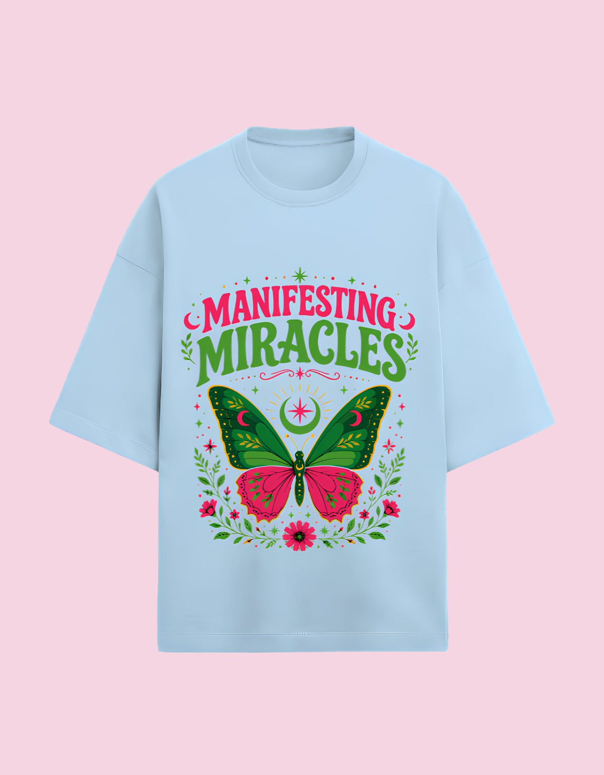 Manifesting Miracles oversized Terry T-shirt Baby blue front view