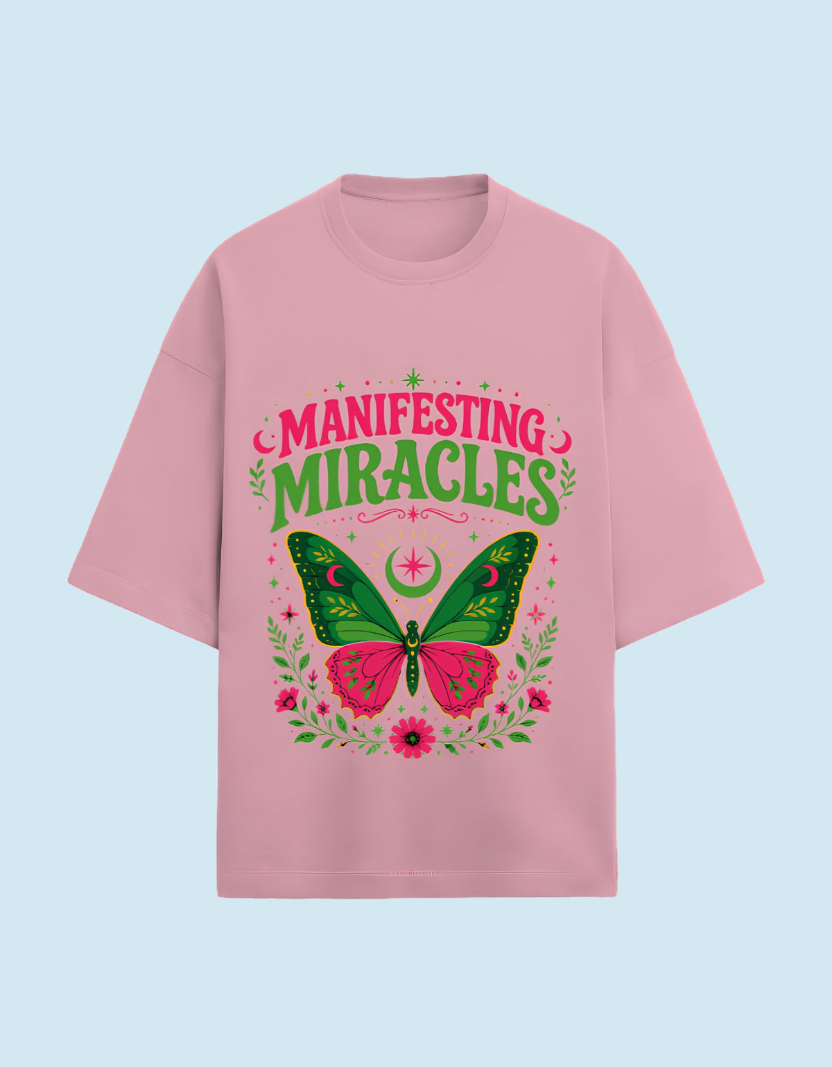 Manifesting Miracles oversized Terry T-shirt flamingo front view
