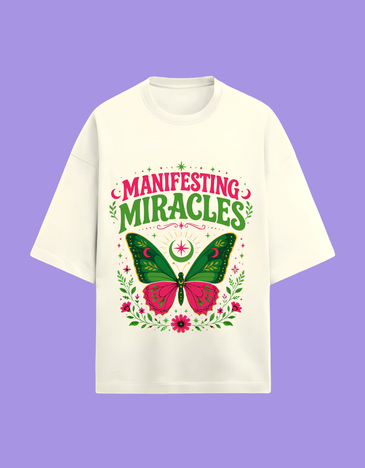 Manifesting Miracles oversized Terry T-shirt Off white front view