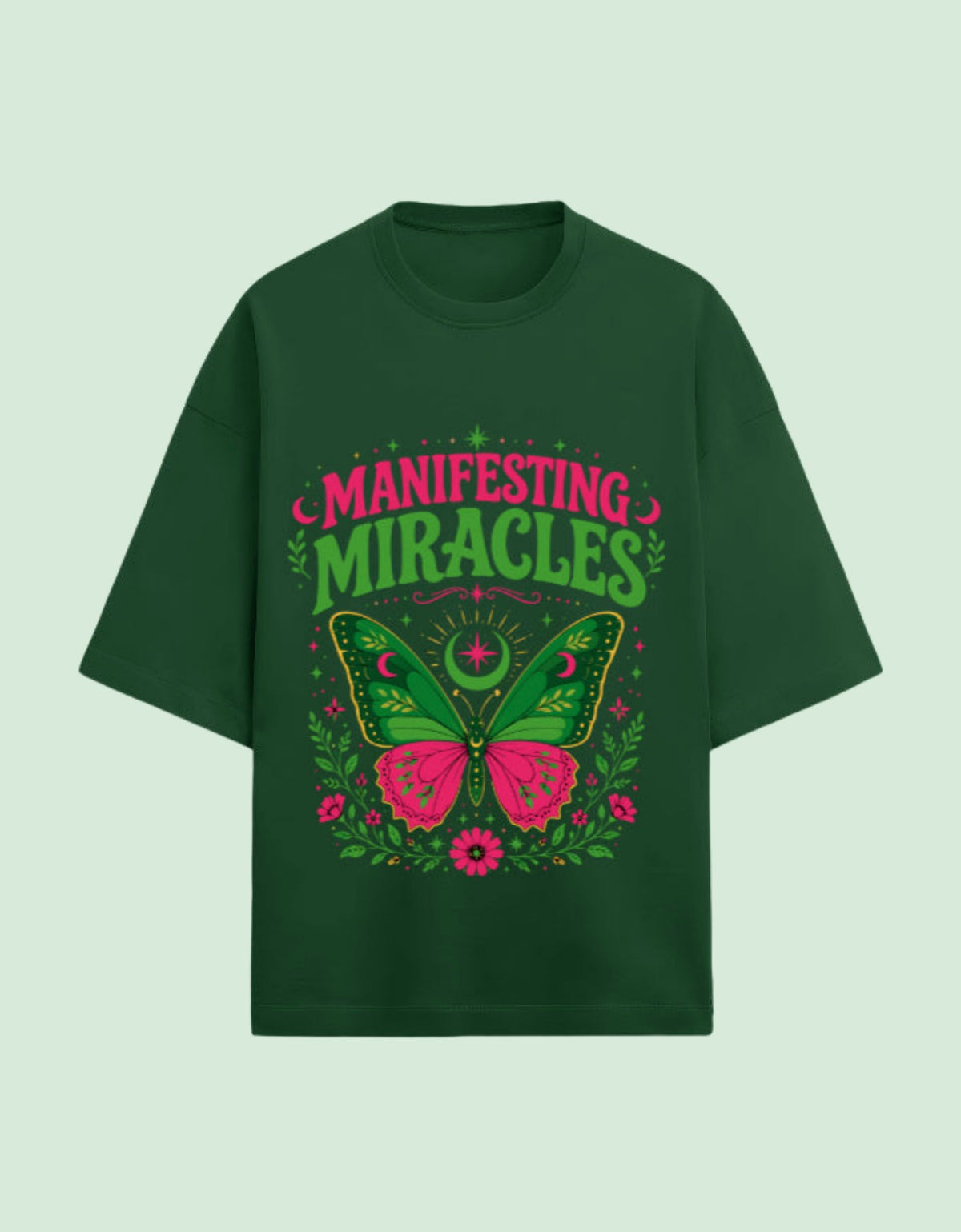 Manifesting Miracles oversized Terry T-shirt Bottle Green front view