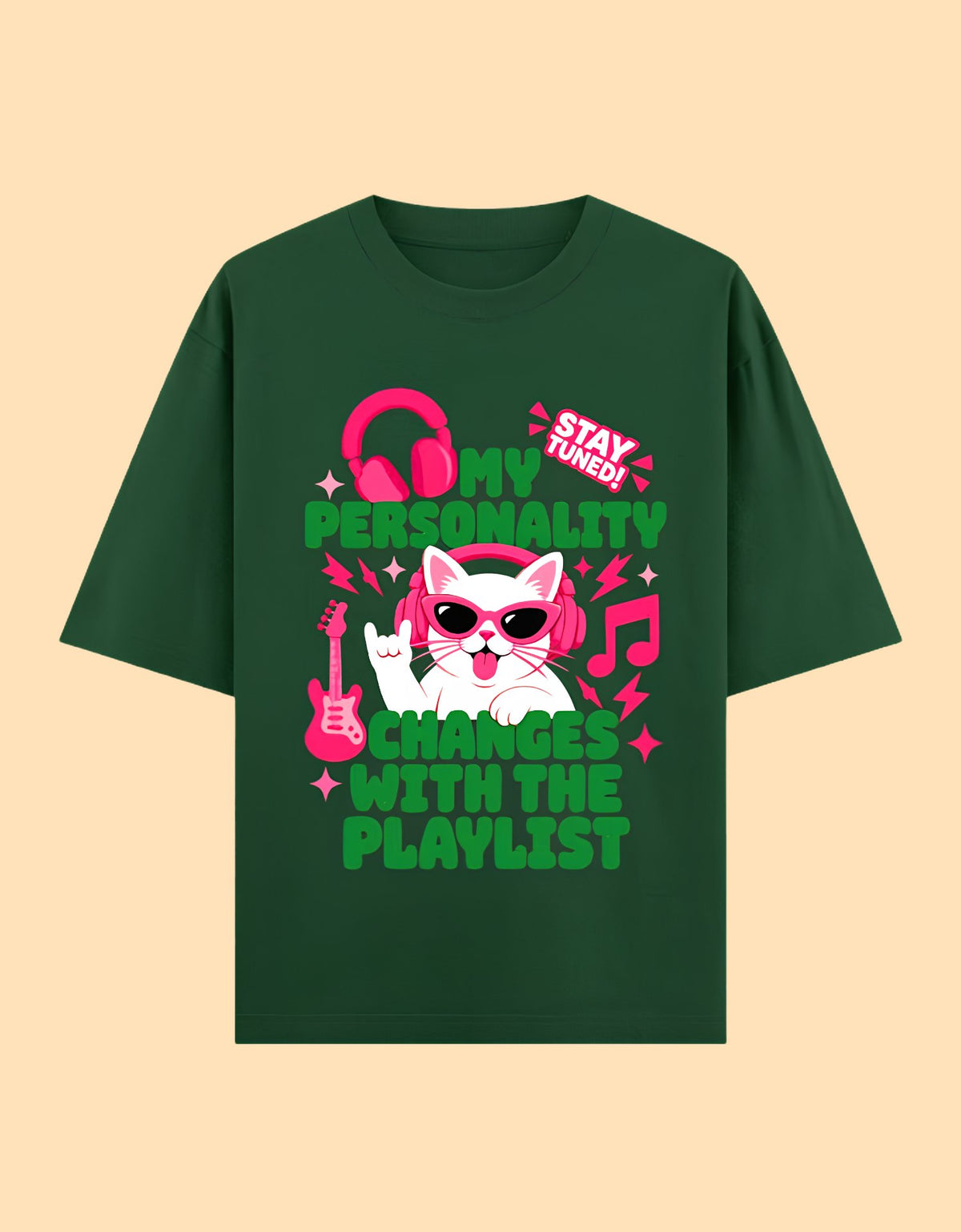 Personality changes with playlist oversized cotton T-shirt Bottle Green front view