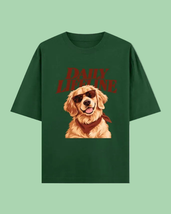 Daily Lifeline Golden Cool Retriever Unisex Oversized Cotton T-Shirt - bottle green