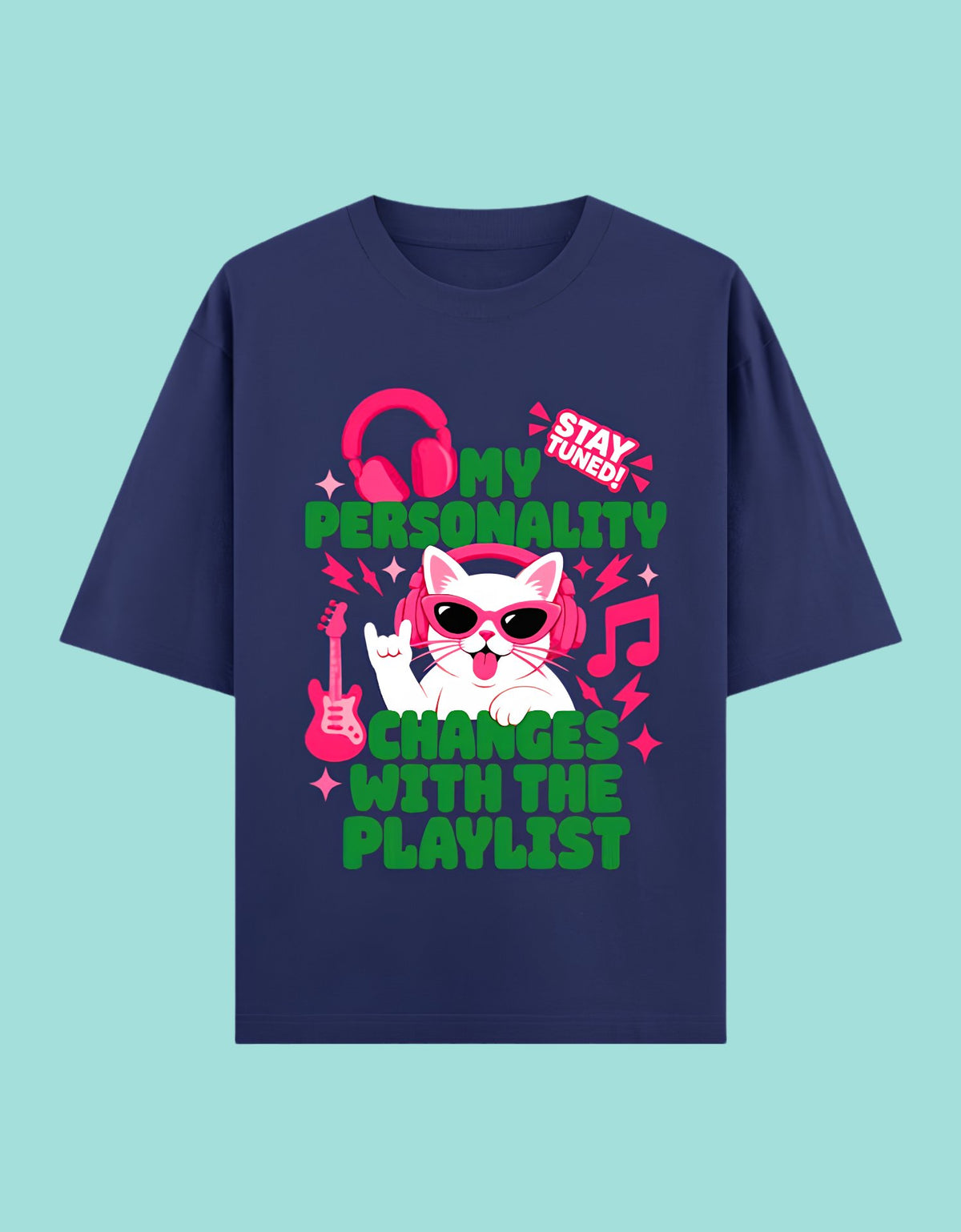Personality changes with playlist oversized cotton T-shirt Royal Blue front view